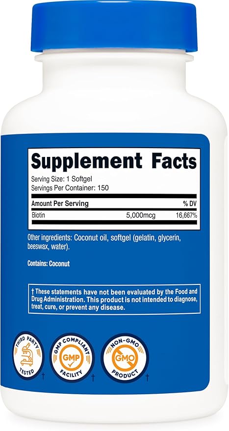 Nutricost Biotin (5,000mcg) 150 Softgels - Vitamin B7 - Gluten Free, Non-GMO