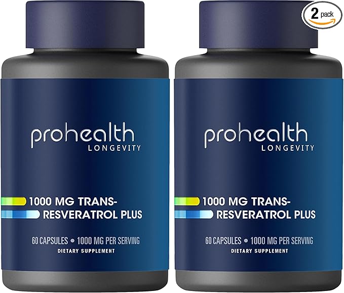 ProHealth Resveratrol 1000mg | Pure Trans-Resveratrol | Plus Quercetin, Red Wine & Green Tea Extract | Clinically Studied to Support Cellular Health, Memory, Healthy Aging | 60 Capsules (Pack of 2)
