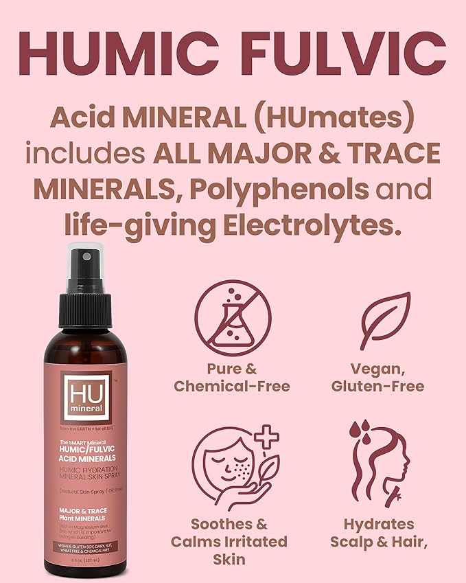 2X Humic Hydration Mineral Spray – Organic Humic Acid, Fulvic Acid Spray with Major & Trace Minerals, Electrolytes & Silica to Boost Collagen - Plant-Based for Skin, Hair & Body Hydration – 8 oz