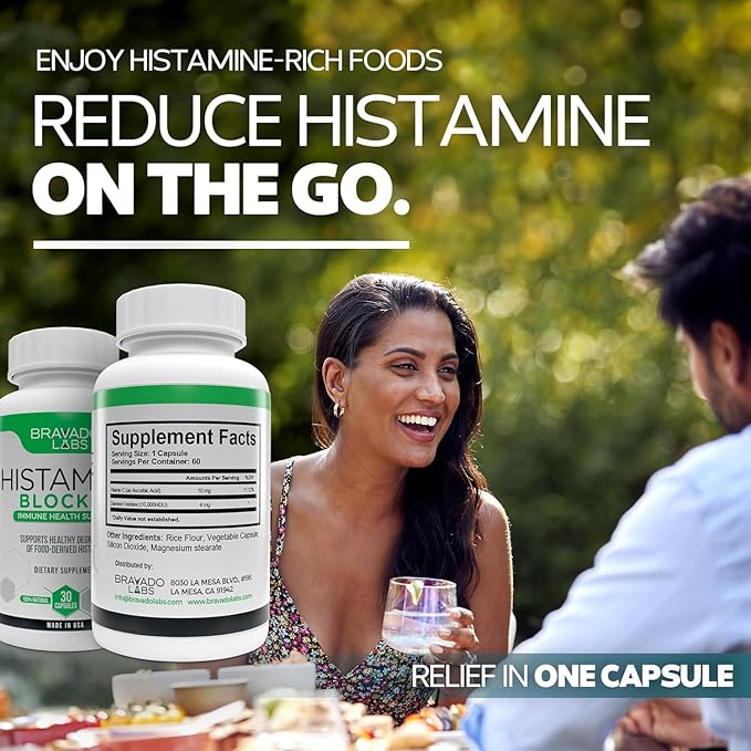 Bravado Labs DAO Supplements Histamine Blocker - DAO Enzyme + Diamine Oxidase & Vitamin C for Daily Histamine Metabolism & Immune Support - 30 ct