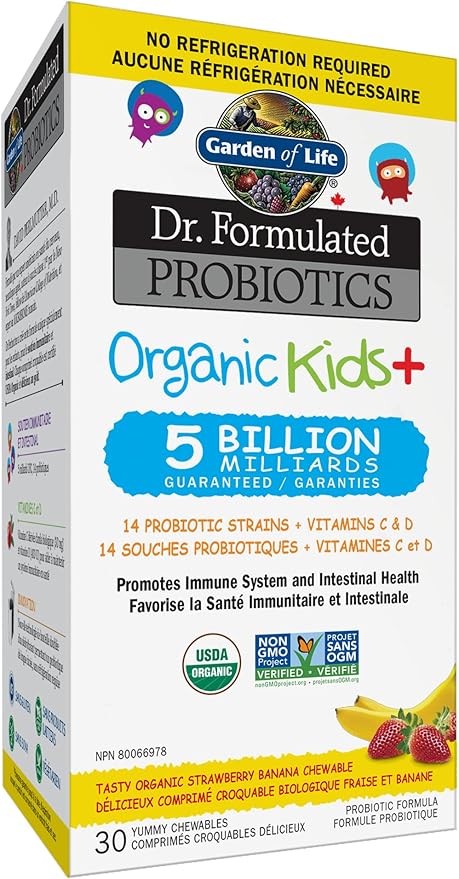 Garden of Life Dr. Formulated Probiotics Organic Kids+-Digestive Health Support-Prebiotic Fiber&Vitamins C&D-Supports Immune Function-Shelf Stable-Strawberry Banana,30 Yummy Chewables,(Pack of 2)