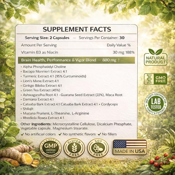 Brain Supplements for Memory & Focus - Nootropic Brain Health - Cognitive Performance, Clarity, Energy, Mental Vigor, Shilajit - Alpha Choline, Lion's Mane, Bacopa, 18 Premium Ingredients