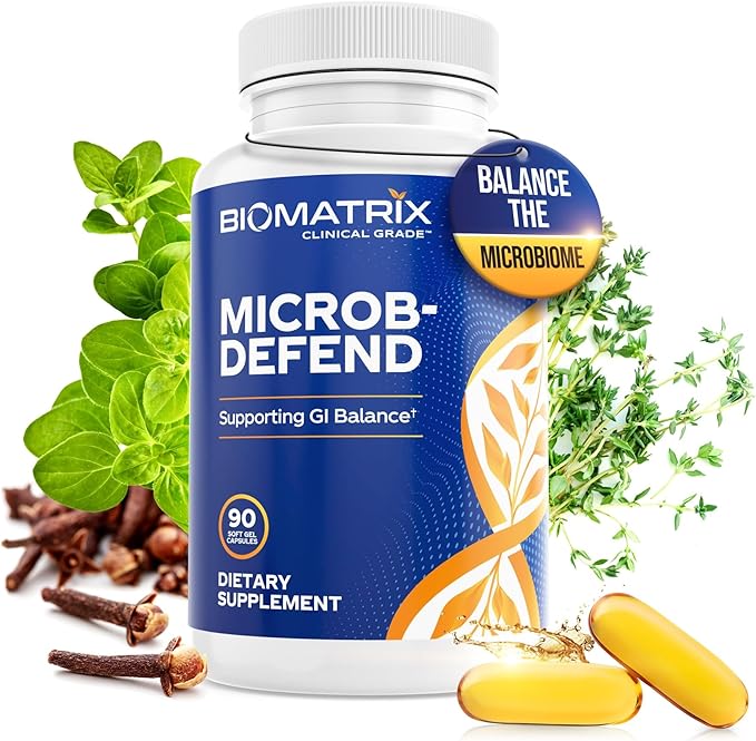 BioMatrix Biofilm Disruptor, GI Repair Digestive Supplement for Men and Women, Oil of Thyme, Oregano & Clove, Gut Microbiome & Intestinal Health Support | Microb-Defend (90 Softgels)