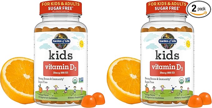 Garden of Life Kids Organic Vitamin D3 Gummies with 800 IU (100% Daily Value) for Strong Bones,Teeth,Brain & Immunity – Non-GMO,No Gluten,Vegetarian,Sugar Free,Orange Flavor,60 Count(Pack of 2)