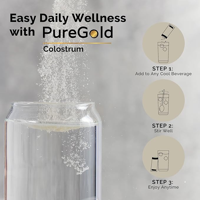 PureGold - Bovine Colostrum Powder - 100% Pure New Zealand Grass Fed, Supports Gut Health, Skin, Hair, & Immunity – Colostrum Supplement, Unflavored, 30 Travel Packets