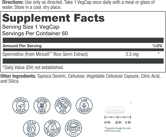 SOLARAY Spermidine 3.3 mg - Spermidine Supplements - Plays a Role in Autophagy and DNA Stabilization - Naturally Occurring Polyamine - Vegan, Gluten Free - 60 Servings, 60 VegCaps