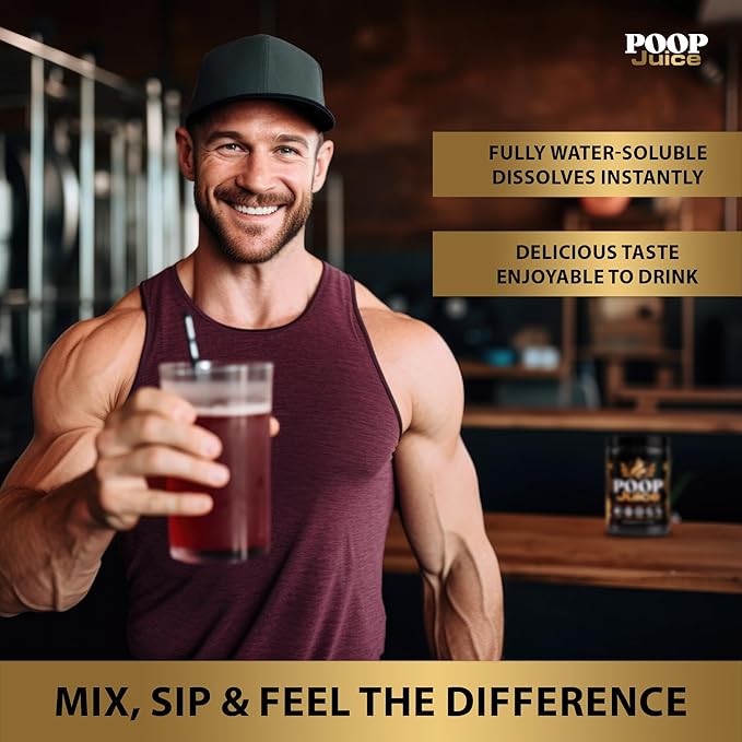 Poop Juice 5-in-1 Daily Fiber Supplement Powder - Bloat & Poop Relief - Prebiotic, Probiotic, Postbiotic, Digestive Enzymes, L-Glutamine - GLP-1 Support - Sugar-Free Georgia Peach Mango (30 Servings)