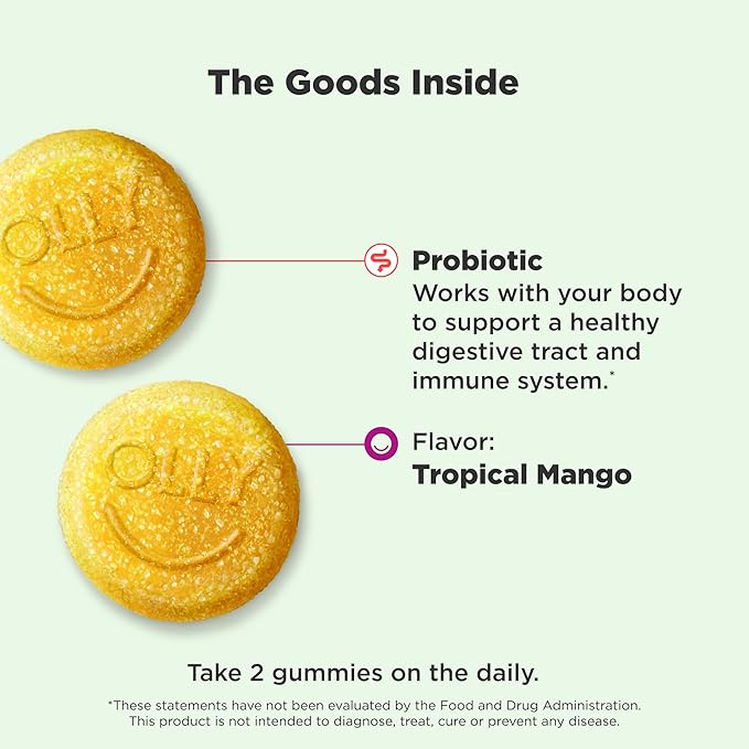OLLY Probiotic Gummy, Immune and Digestive Support, 1 Billion CFUs, Chewable Probiotic Supplement, Mango, 25 Day Supply - 50 Count