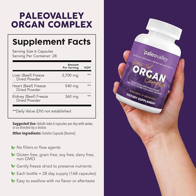 Paleovalley Grass Fed Beef Organ Complex - Freeze-Dried Beef Liver, Heart, and Kidney Blend, 1 Bottle
