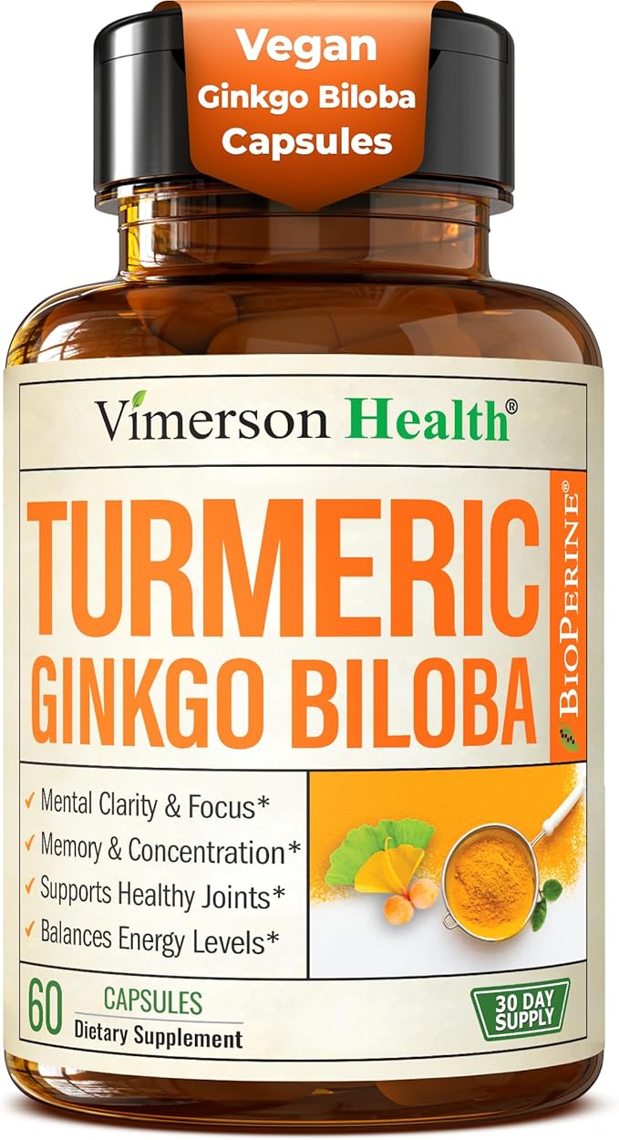 Ginkgo Biloba and Turmeric Curcumin Supplement with Black Pepper & Organic Tumeric – Natural Turmeric Supplement for Focus, Memory, Joint & Brain Health – 60 Vegan Ginko Biloba Capsules with Curcuma