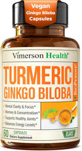Ginkgo Biloba and Turmeric Curcumin Supplement with Black Pepper & Organic Tumeric – Natural Turmeric Supplement for Focus, Memory, Joint & Brain Health – 60 Vegan Ginko Biloba Capsules with Curcuma