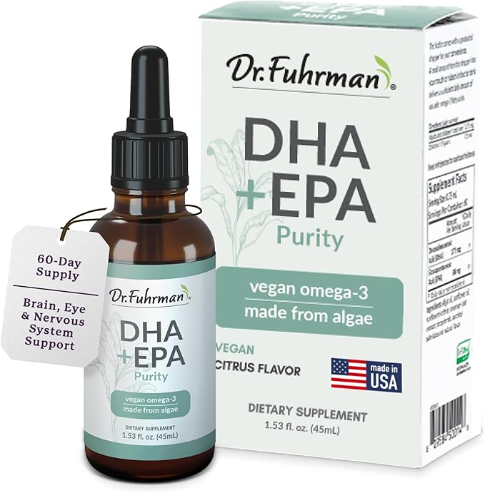 Dr. Fuhrman Vegan Omega 3 | Vegan DHA+EPA Purity Liquid Supplement | Made from Lab-Grown Algae | Our Omega 3 Supplement is Refrigerated in Warehouse Until Shipped | Citrus Flavor 60 Servings