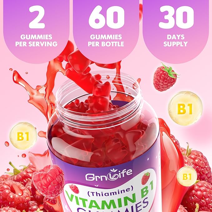 2 Pack Vitamin B1 Gummies 500mg for Adults & Kids – High Potency Thiamine B1 Supplement for Energy & Nervous System Support, Sugar-Free, Raspberry Flavor, 120 Count