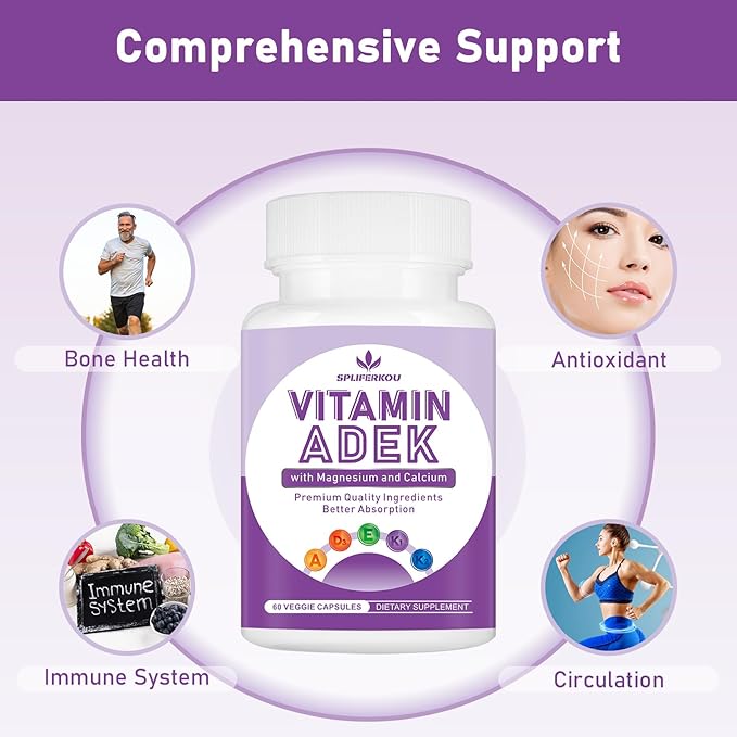 ADEK Vitamins Supplement, Vitamin A + Vitamin D3 + Vitamin E + Vitamin K1 + Vitamin K2, ADK Vitamin Supplement with Minerals and Antioxidants, Gluten-Free, 60 Capsules