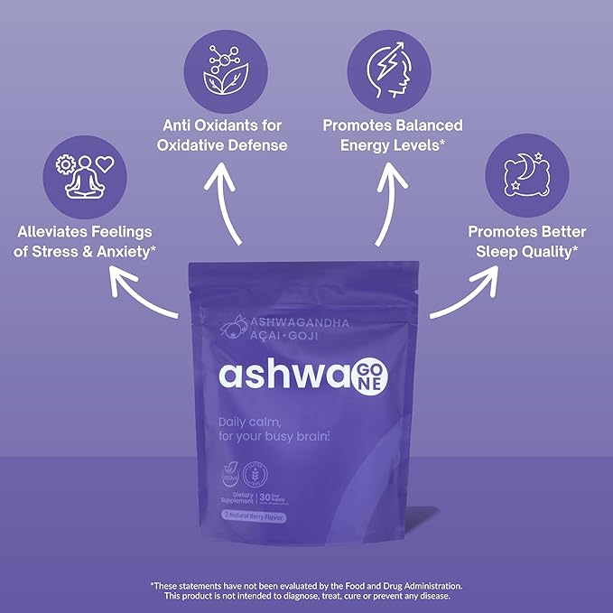 Ashwagone KSM-66 Ashwagandha Powder Drink Mix – Daily Calm & Focus Support – With Magnesium Glycinate, L-Theanine, GABA, Lemon Balm, Acai & Goji Berry – Vegan Supplement – 30 Servings