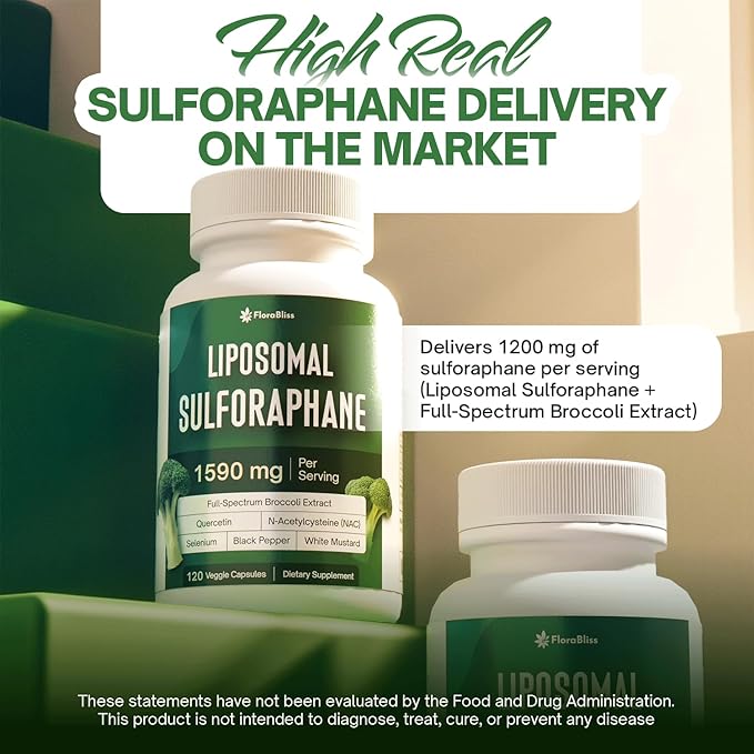 FloraBliss 120 Liposomal Sulforaphane Supplement+ 1000mg Capsules - Broccoli Extract | with Quercetin, Selenium & NAC - High Potency Non-GMO - Vegan - Non GMO