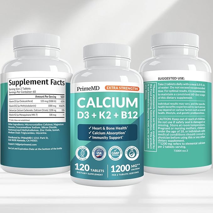 4-in-1 Calcium 1200 mg with Vitamin D3 Supplements for Women and Men - Calcium Extra Strength with Vitamin D3 K2 5000 IU Supplement,1200 mg per Serving - Vegan-Friendly - (120 Count) (Pack of 1)