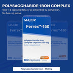 MAJOR Ferrex-150 Polysaccharide-Iron Complex Capsules 150mg Iron Supplement for Women and Men – Gentle on Stomach – 100 Capsules (2 Pack)
