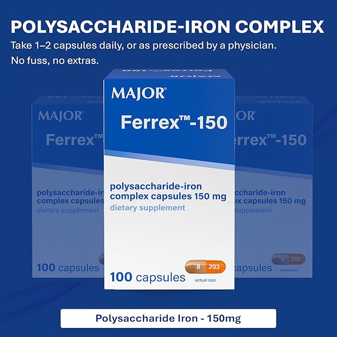 MAJOR Ferrex-150 Polysaccharide-Iron Complex Capsules 150mg Iron Supplement for Women and Men – Gentle on Stomach – 100 Capsules (2 Pack)