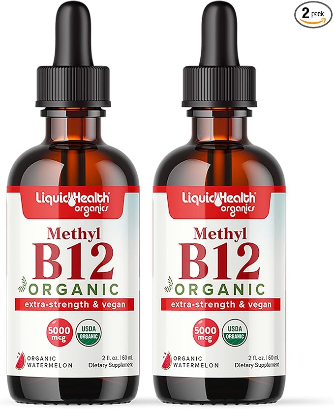 LIQUIDHEALTH USDA Organic Methyl Vitamin B12 Methylcobalamin Liquid Drops with Tart Cherry Juice - Boost Energy, Immune Support, Improve Memory & Concentration - USA Made, Vegan, Non-GMO (2 Pack)