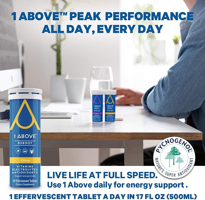 1Above Jet Lag Relief Tablets - Berry-Flavored Effervescent Multivitamin with Pycnogenol Travel Supplement for Hydration, Energy, Immune Support and Faster Recovery - Flight Essential, 10 Tablets
