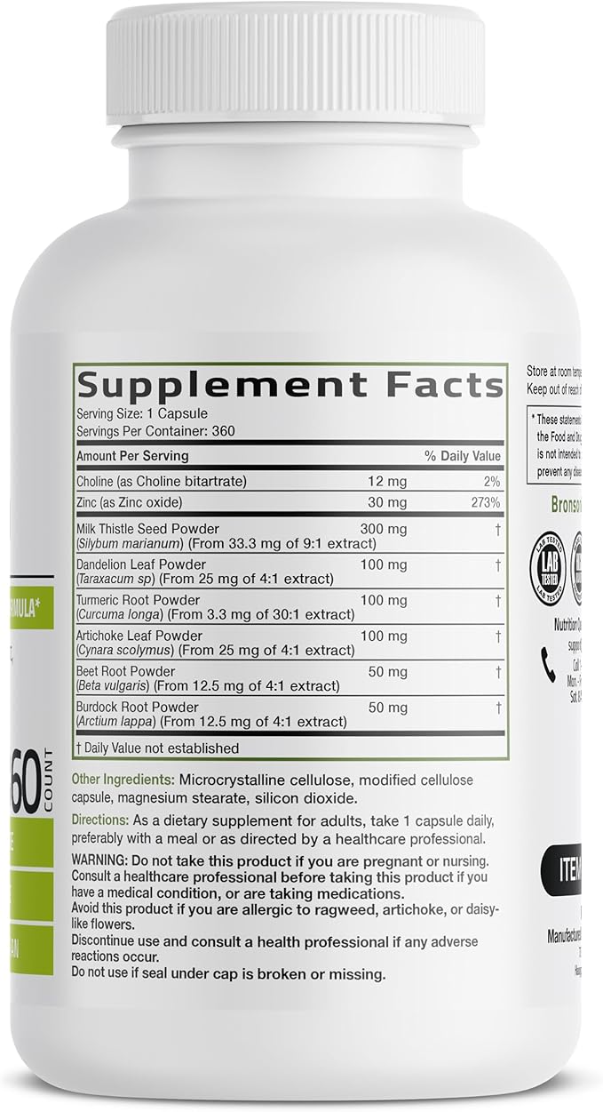 Bronson Liver Detox Advanced Detox & Cleansing Formula Supports Health Liver Function with Milk Thistle, Dandelion Extract, Turmeric, Artichoke Leaf & More, Non-GMO, 360 Vegetarian Capsules