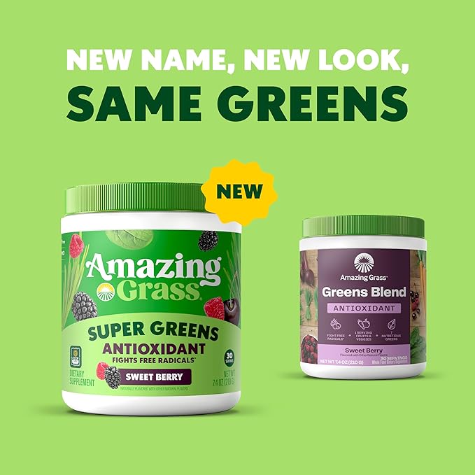 Amazing Grass Greens Blend Antioxidant: Super Greens Powder Smoothie Mix with Organic Spirulina, Beet Root Powder, Elderberry, Bilberry, Prebioitics & Probiotics, Sweet Berry, 30 Servings (Packaging May Vary)