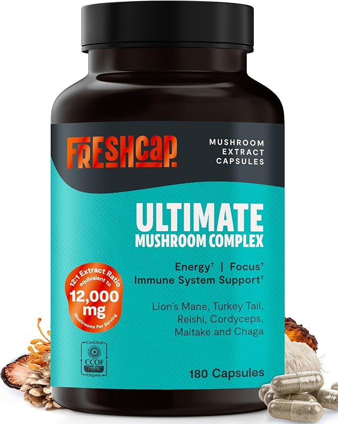 FreshCap Ultimate Mushroom Supplement 12,000mg - Nootropic Complex Capsules, Organic Mushrooms Immune Support, Brain Supplements for Memory and Focus, Ayurveda Nootropic (180 Capsules)