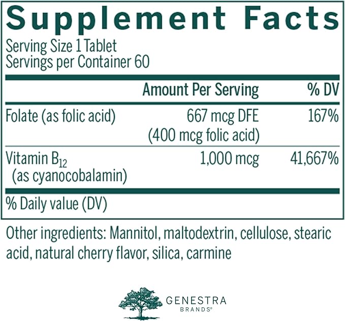 Genestra Brands Bio B12 + Folic Acid | Vitamin Supplement | 60 Chewable Tablets