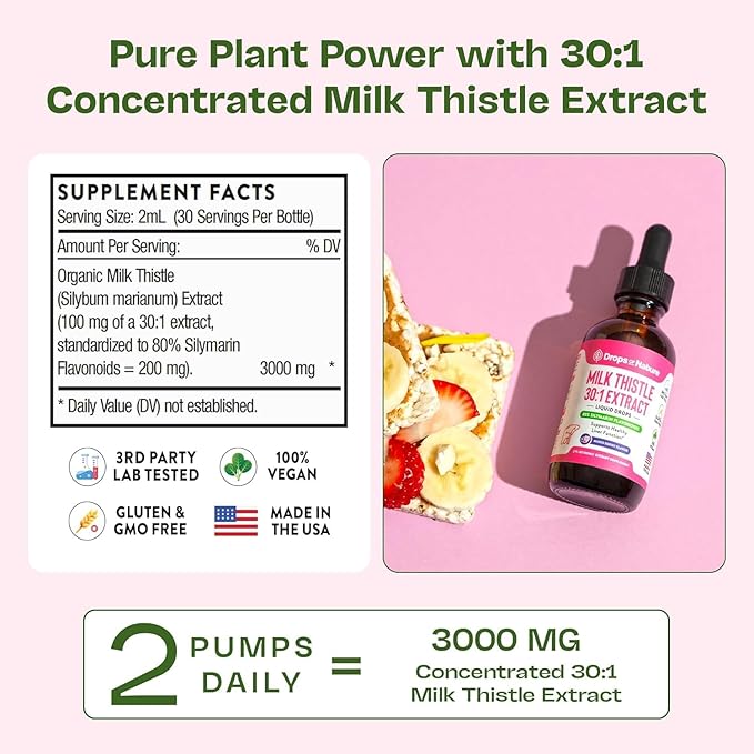 Milk Thistle Drops with 80% Silymarin Flavonoids – Vegan, Non-GMO, Fast-Absorbing – Easily Mix with Drinks – Milk Thistle Supplement for Liver, Immune Care and Antioxidant Support (Mixed Berry, 60 mL)