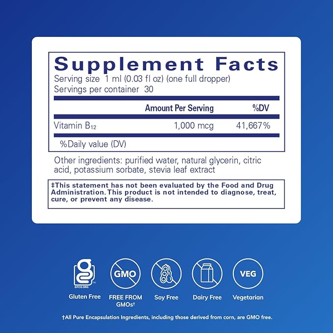 Pure Encapsulations B12 Liquid | 1,000 mcg Vitamin B12 (Methylcobalamin) Supplement to Support Nerves, Immune Health, Energy, and Cognitive Function* | 1 fl. oz.