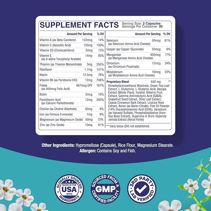Nootropic Brain Supplement for Memory and Focus Enhancement - Vitamins for Brain Mental Health & Clarity - Cognitive Health Complex for Mind's Vitality & Mental Alert - 60 Count