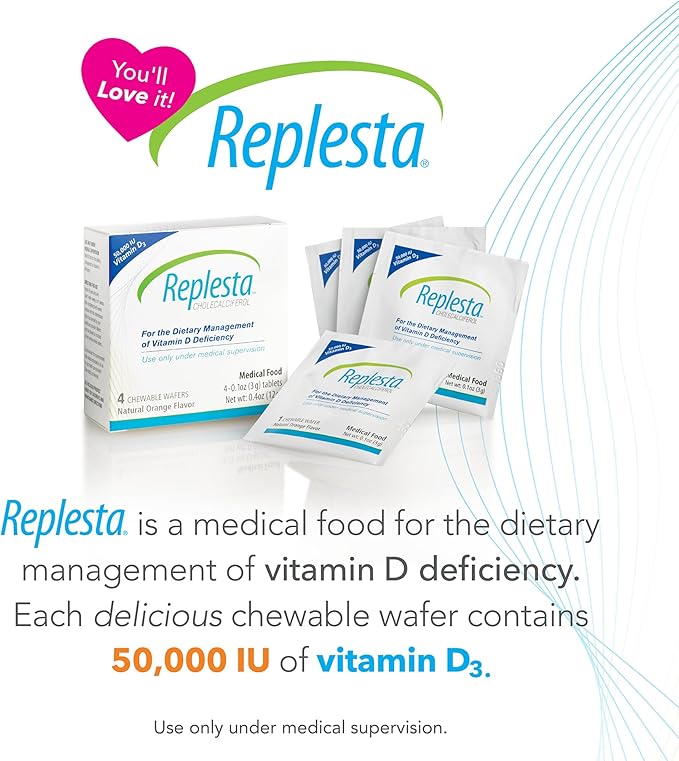 Replesta 50,000 IU Vitamin D3 Cholecalciferol, for Vitamin D Deficiency, Once-Weekly Chewable Wafer, Non-GMO, Natural Orange Flavor, 4 Count (Pack of 1)