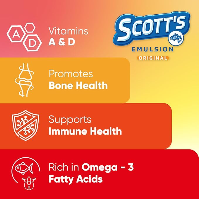 SCOTT'S EMULSION Cod Liver Oil Liquid for Kids – Orange Flavor – Supports Growth, Immunity & Bone Health – Rich in Omega 3 & Vitamins A+D – Easy-to-Take Fish Oil – 6.5 Fl Oz