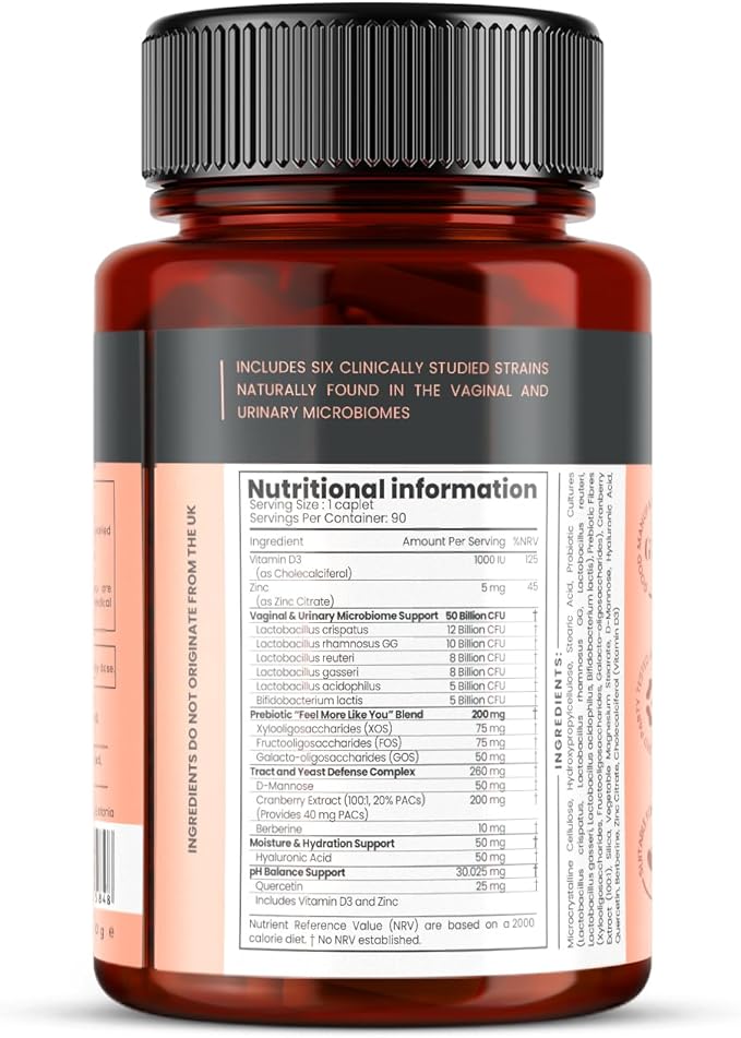 Veev Intimate Flora - Vaginal & Gut Microbiome Support – 50 Billion CFU – Probiotics, Prebiotics, Cranberry, D-Mannose, Hyaluronic Acid – 90 Caplets – 3 Month Supply