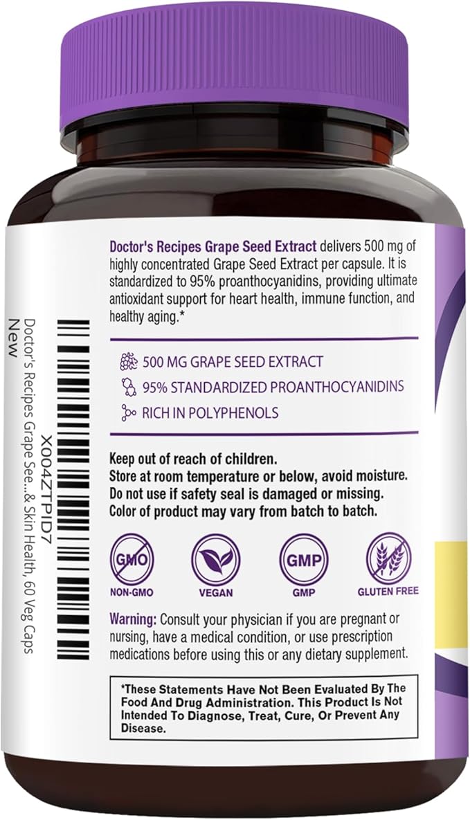 Doctor's Recipes Grape Seed Extract, 500 mg Standardized Extract with 95% Proanthocyanidins, Non-GMO, Antioxidant Support, Heart, Immune & Skin Health, 60 Veg Caps