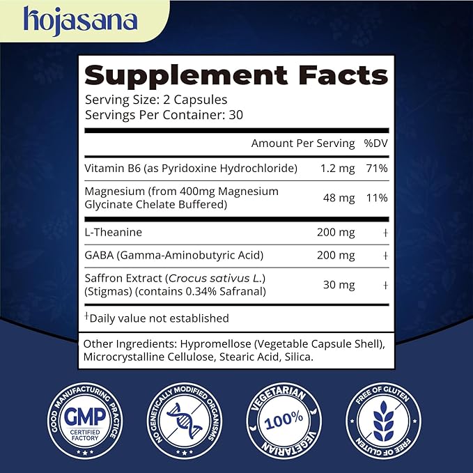 L Theanine 200mg with Saffron, GABA, Magnesium Glycinate & Vitamin B6, L-Theanine Supplement Advanced Complex Formula for Mood Relaxation & Stress Relief & Sleep Support, 60 Vegan Capsules