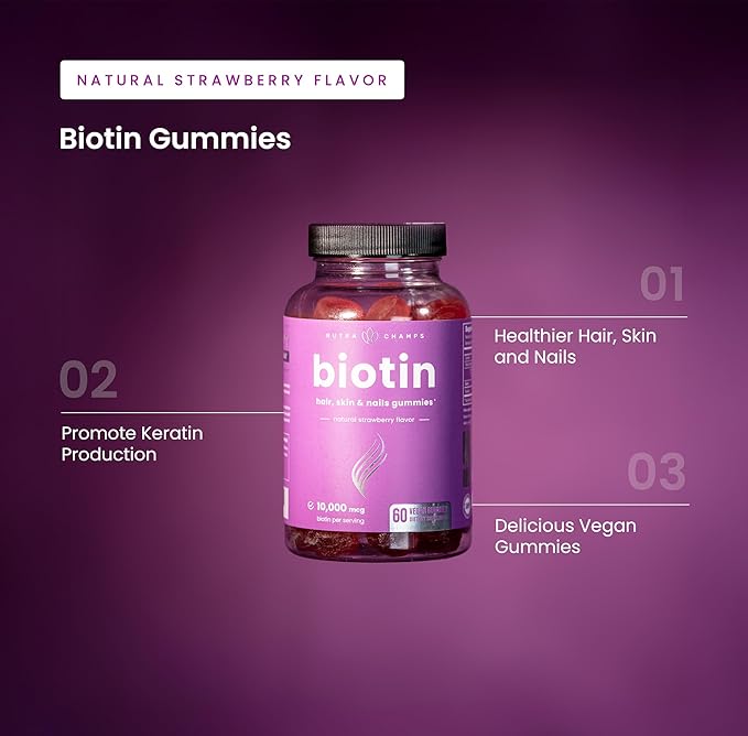 NutraChamps Biotin Gummies 10000mcg [High Potency] for Healthy Hair, Skin & Nails Vitamins for Women, Men & Kids - 5000mcg in Each Hair Vitamins Gummy - Vegan, Non-GMO, Hair Health Supplement