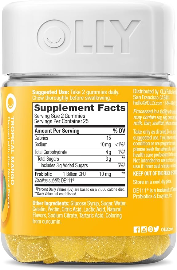 OLLY Probiotic Gummy, Immune and Digestive Support, 1 Billion CFUs, Chewable Probiotic Supplement, Mango, 25 Day Supply - 50 Count