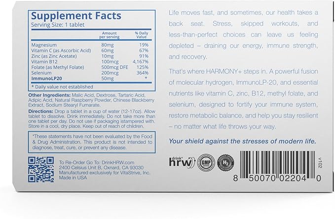 DRINK HRW Harmony+ Advanced Molecular Hydrogen Water + Immune Support: Up to 3X More Active Hydrogen, ImmunoLP20 Postbiotics, Plus VIT C, Zinc, B12 for Immune and Cellular Health (Raspberry, 30 count)