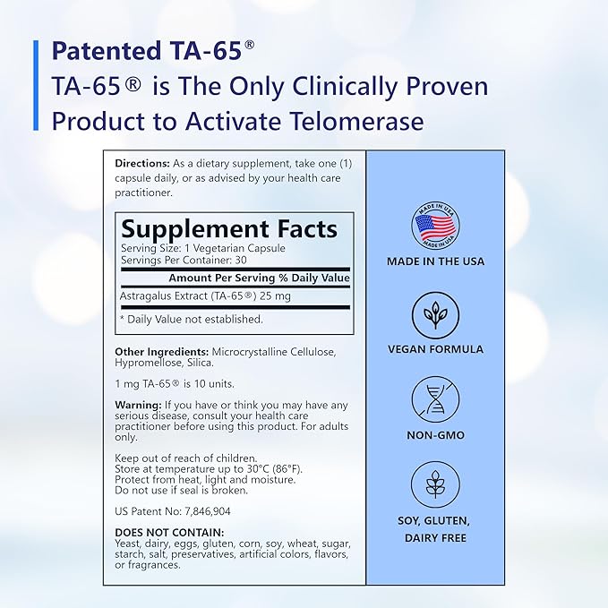 T.A. Sciences TA-65 Telomere Activation Supplement, 2.5 Times Potency Telomerase, 30 Capsules