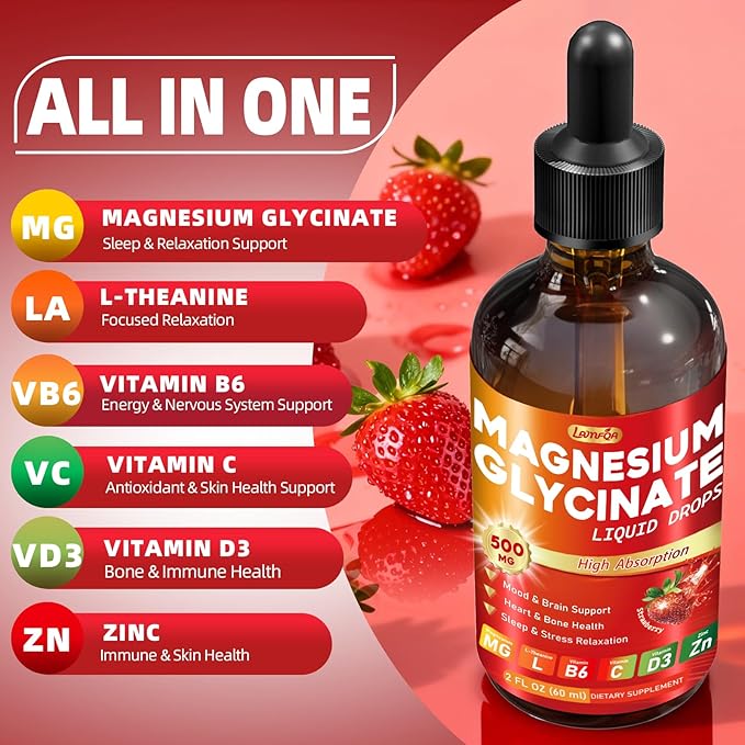 Magnesium Glycinate Liquid Drops 500mg – High Absorption with Vitamin B6, D3, C, Zinc – Supports Mood, Sleep, Heart & Bone Health – Vegan, Non-GMO, Gluten Free – 2 FL OZ, Strawberry Flavor