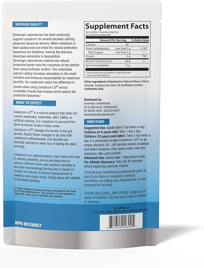 Colostrum-LD Liposomal Delivery - Colostrum Powder - Gluten-Free, Lactose-Reduced - 68 Servings - Sovereign Laboratories - 12oz Vanilla