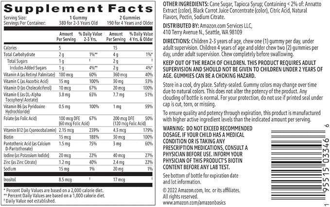Amazon Basics Kids' Multivitamin Gummies, Cherry, Strawberry & Orange Flavors, 380 Count, 2 Packs of 190 (Previously Solimo)
