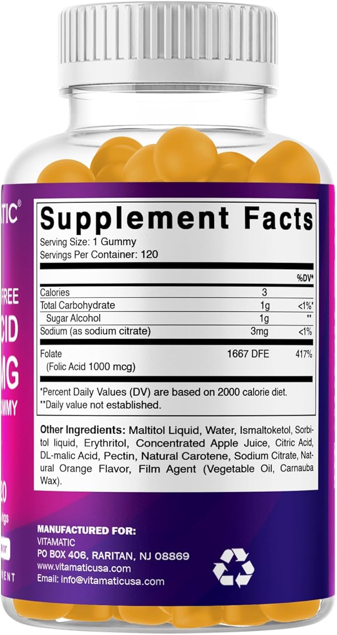 Vitamatic Folic Acid Gummies 1000 mcg (1 mg) - an Essential Prenatal Vitamins for Mom & Baby - Vitamin B9-120 Vegan Gummies (1)