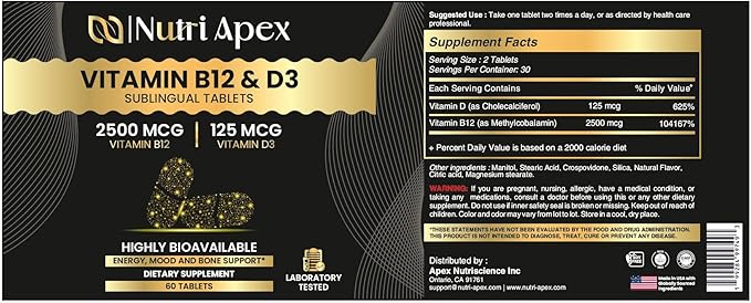 Vitamin B12 2500mcg + Vitamin D3 5000 IU (125mcg) Sublingual Tablets, 60 Count, Daily Energy & Bone Support, Lab Tested, Made in USA (60 Count (Pack of 1))