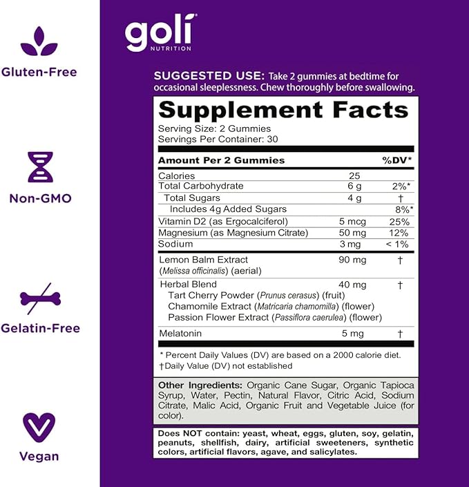 Goli Dreamy Sleep Gummy - 60 Count (Pack of 2) - Melatonin, Vitamin D, Magnesium, and Lemon Balm Extract - Gelatin-Free, Gluten-Free, Vegan & Non-GMO