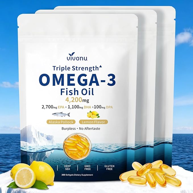 VivoNu Triple Strength Omega 3 Fish Oil - 4200mg, 300 Softgels | Enteric-Coated for No Fishy Aftertaste | Wild-Caught | Third-Party Tested