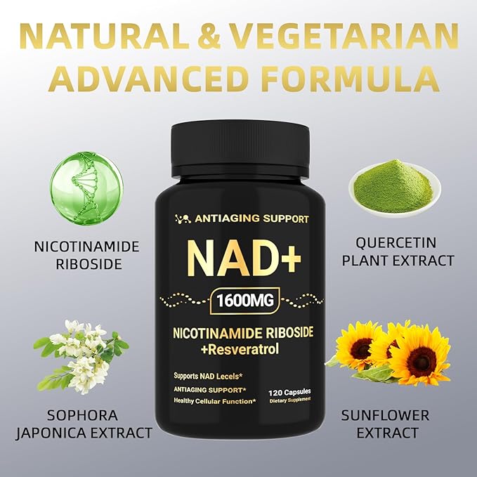 NAD Supplement 1600mg, NAD+ with Resveratrol & Nicotinamide Riboside, Anti-Aging Support, Cellular Energy & Mental Clarity Support, Vegan Non-GMO, 120 Capsules