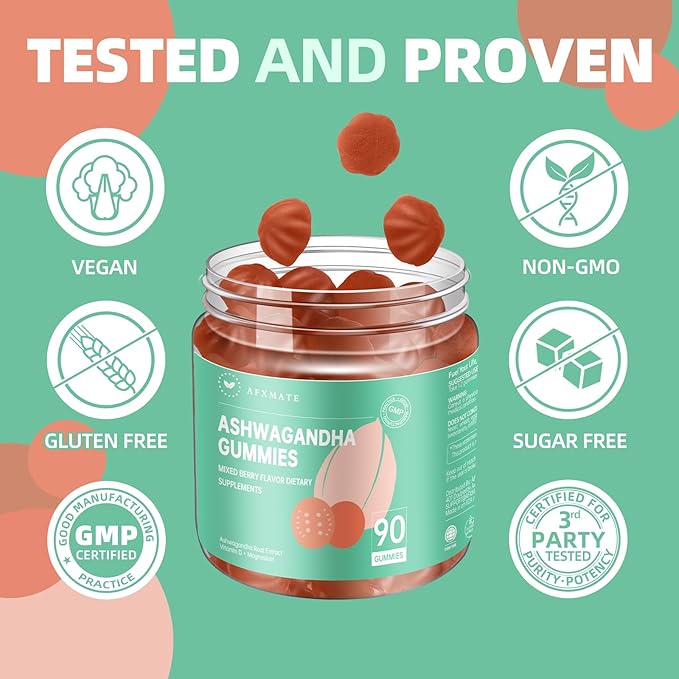 AFXMATE Ashwagandha Gummies for Women Sugar Free, Men's Ashwagandha Supplement Gummy with Vitamin D Magnesium Vegan (90 Counts)